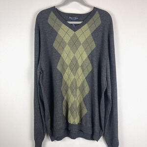 Davis & Squire Sweater Men XXL Gray green Argyle Extra Fine Merino Preppy Office